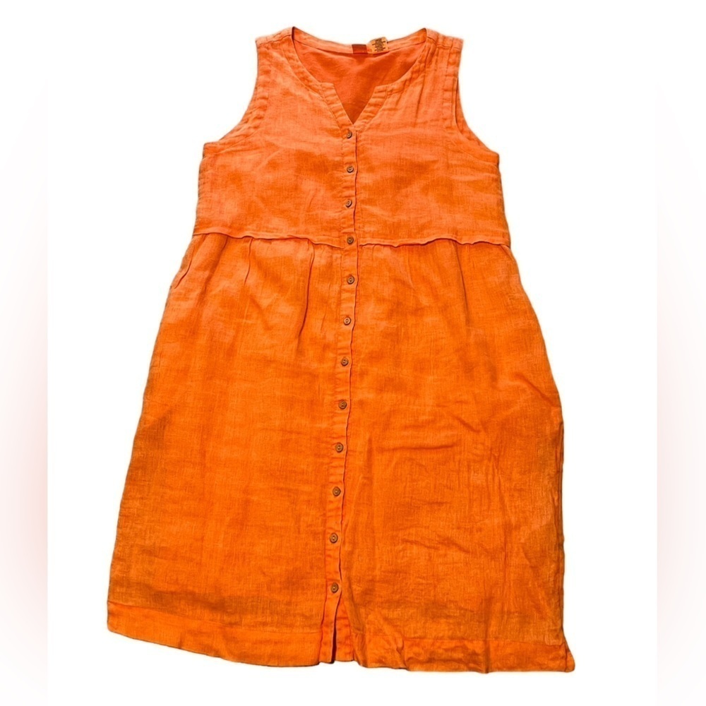 Artisan NY sleeveless button down orange 100% linen dress with pockets